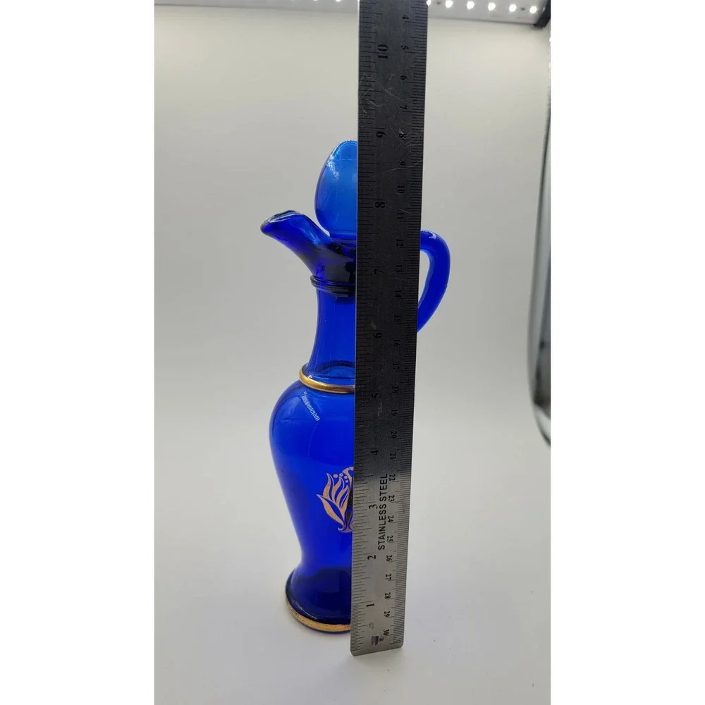 Empty Vintage Avon 70s Cobalt Blue Gold Glass Oil Bottle Pitcher Decanter‎ 9